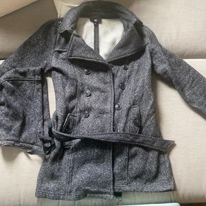 Women’s size medium dark gray coat. Comes with belt and detachable hood